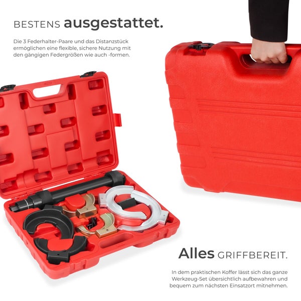 Universeller Federspanner-Werkzeugsatz im roten Kunststoffkoffer mit drei Paar Federhaltern und Distanzstück für verschiedene Federgrößen.