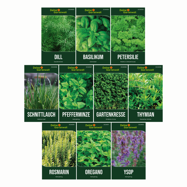 Zehn Kräutersamen-Tüten von Deine Gartenwelt, unter anderem Dill, Basilikum, Petersilie, Schnittlauch, Pfefferminze, Thymian und Rosmarin.