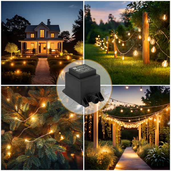 Schwarzer Außen-Transformator für Gartenbeleuchtung mit Anwendungsbeispielen wie Lichterketten an Bäumen und beleuchteten Gartenwegen bei Nacht.