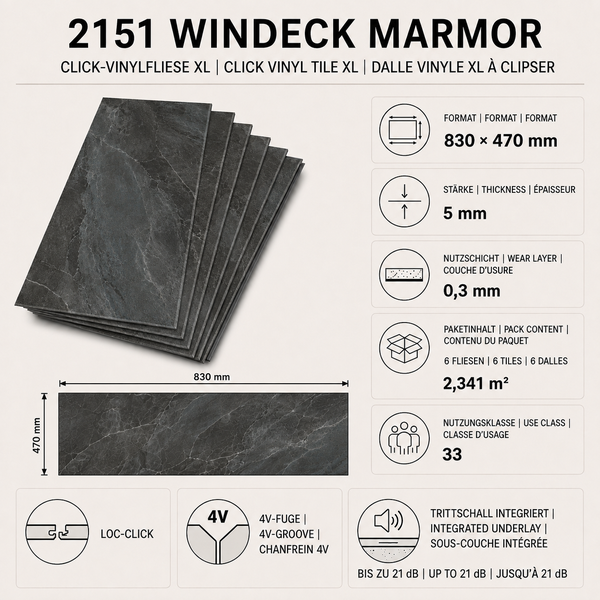 Windeck Marmor XL Klick-Vinylfliese mit integrierter Trittschalldämmung, 830 mal 470 Millimeter, 5 Millimeter stark, Nutzungsklasse 33.
