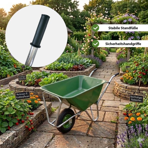 Grüne Schubkarre im Garten mit stabilen Standfüßen und Sicherheitsgriffen