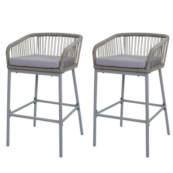 Zwei graue Barhocker mit Armlehnen und Fußstütze
