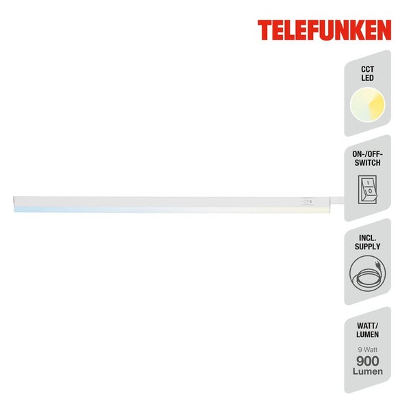 Telefunken Logo, LED Unterbauleuchte mit einstellbarer Farbtemperatur, Ein- und Ausschalter, inklusive Netzkabel, 9 Watt und 900 Lumen.