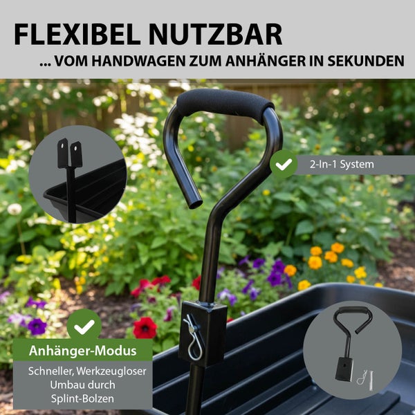 Gartenwagen umwandelbar in Anhänger mit Deichsel und Splintbolzen