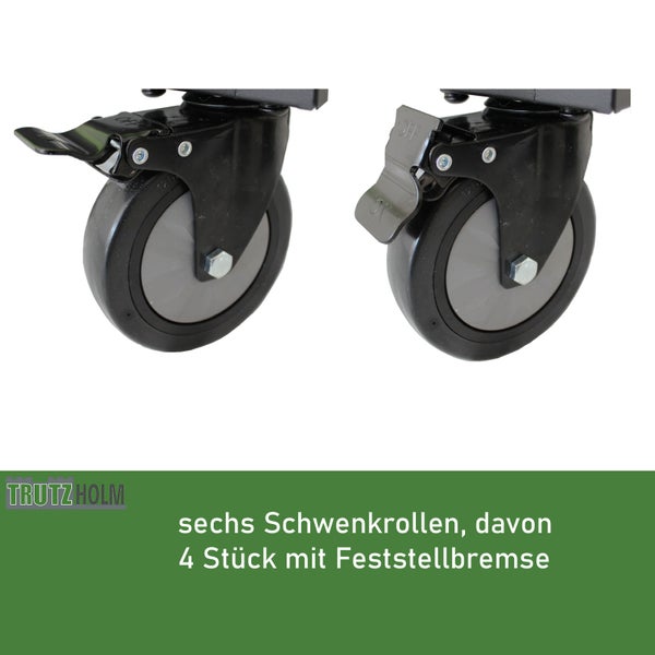Sechs Schwenkrollen, davon vier mit Feststellbremse. Detailansicht einer gelösten und einer angezogenen Bremse. Trutzholm Logo.