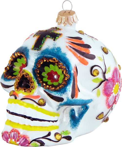 Totenkopfform 10cm mit Dekoration im mexikanischem Stil, Glasornament, mundgeblasen und handekoriert, 1 Stck., Weihnachtsbaumkugeln, Christbaumschmuck, Weihnachtsbaumanhänger