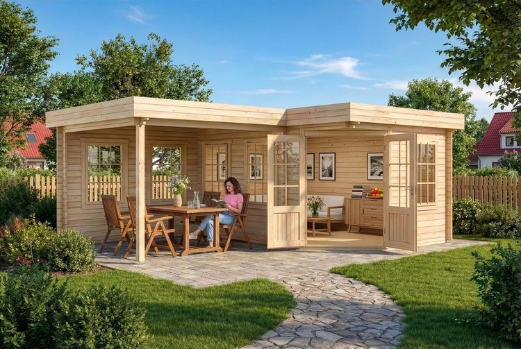 Modernes Gartenhaus aus hellem Holz mit Flachdach und integrierter Terrasse mit Sitzgruppe in einer grünen Gartenanlage.