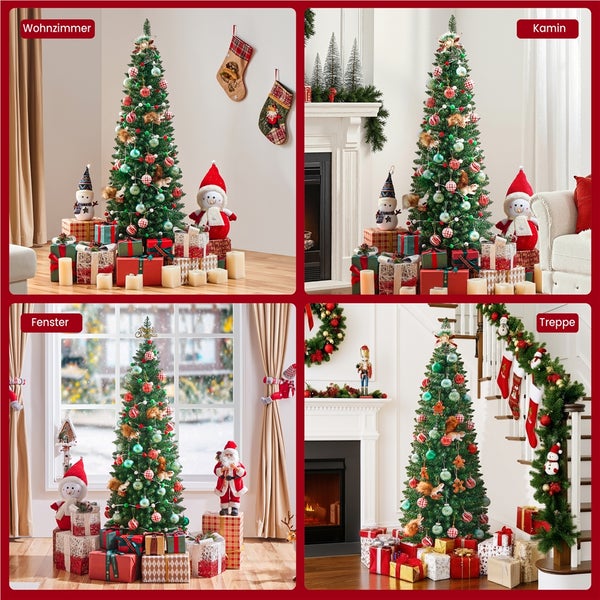 Collage verschiedener Weihnachtsszenen mit Baum, Geschenken und Dekorationen in Wohnzimmer, Kaminzimmer, Fensterbereich und Treppenhaus.