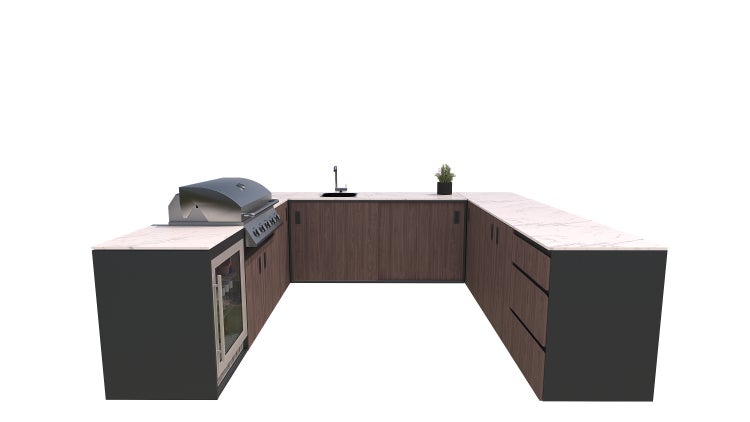 U-förmige Outdoor-Küche mit Grill, Spüle und Kühlschrank