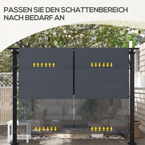 Schwarze Pergola mit zwei höhenverstellbaren, grauen Textil-Seitenwänden in einem gemütlich eingerichteten Garten.
