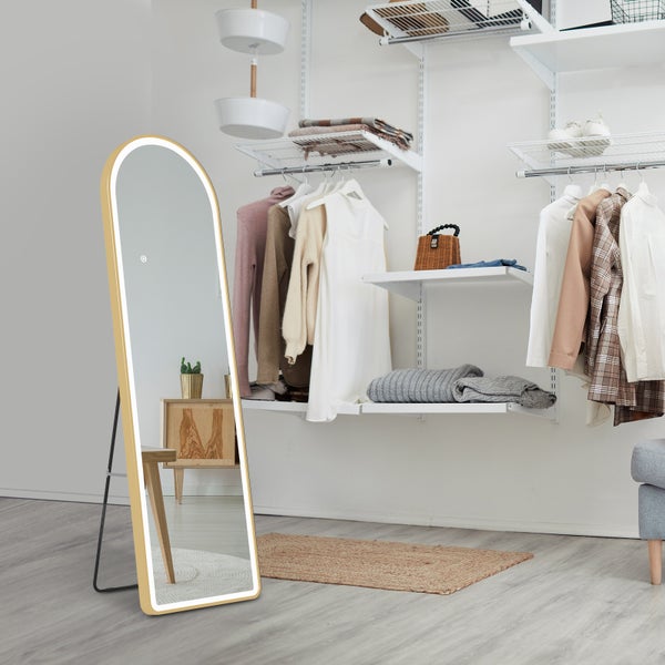 EMKE Bogen Standspiegel Gold, 147 x 45 cm, Ganzkörperspiegel mit LED-Beleuchtung, 3 einstellbare Lichtfarben und dimmbar, Aluminiumrahmen, ideal für Wohn-, Schlaf-, Aufenthalts- und Ankleidezimmer