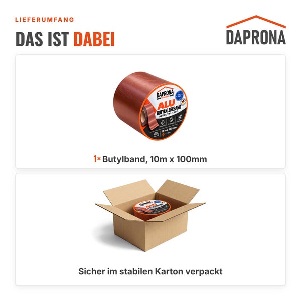Daprona Butylband 10 Meter mal 100 Millimeter in stabiler Versandverpackung inklusive Daprona Logo