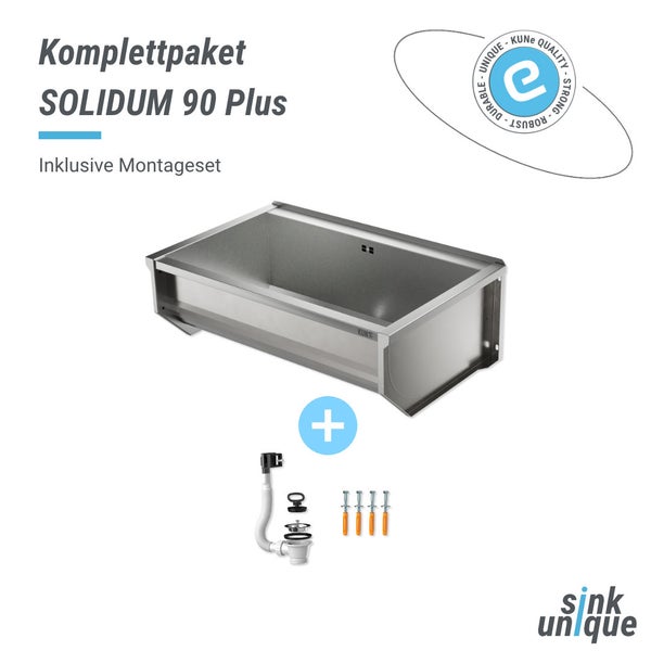 Ausgussbecken SOLIDUM 90 Plus aus Edelstahl inklusive Montageset mit Ablaufgarnitur und Befestigungsmaterial.