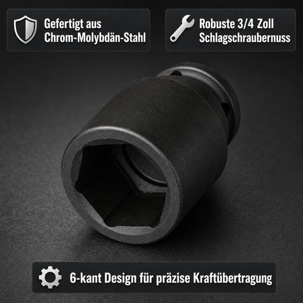 Robuste Schlagschraubernuss aus Chrom-Molybdän-Stahl mit 3/4 Zoll Aufnahme und 6-kant Design für präzise Kraftübertragung.