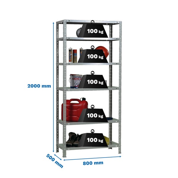 Metallregal mit 6 Böden, Maße 2000 Millimeter Höhe, 800 Millimeter Breite, 500 Millimeter Tiefe, Tragkraft pro Boden 100 Kilogramm.