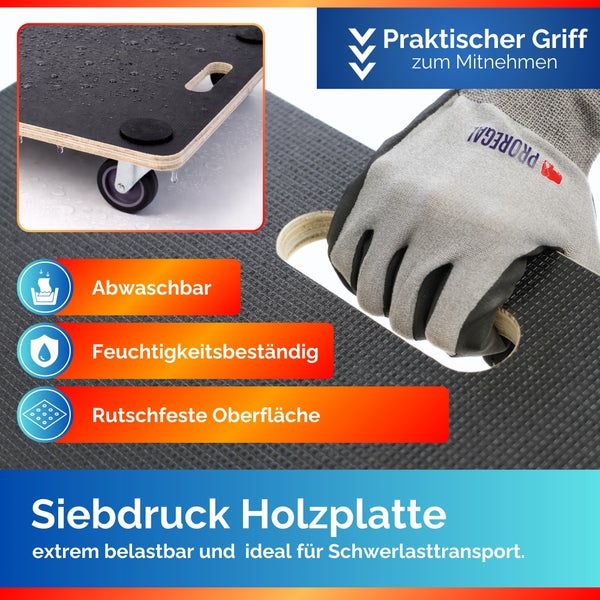 Transport-Rollbrett mit Siebdruck-Holzplatte für Schwerlasten, rutschfester Oberfläche, feuchtigkeitsbeständig, abwaschbar und Tragegriff. Prorega Logo.