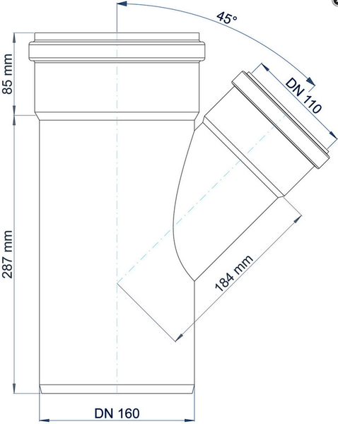 Technische Zeichnung eines Rohrabzweigs im 45 Grad Winkel, Hauptdurchmesser DN 160 und Abzweigdurchmesser DN 110 mit Maßangaben in Millimeter.