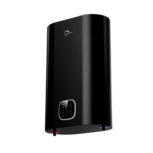 Sannover elektrischer Warmwasserspeicher in Schwarz mit digitalem Display und Temperaturanzeige bis 80 Grad Celsius.
