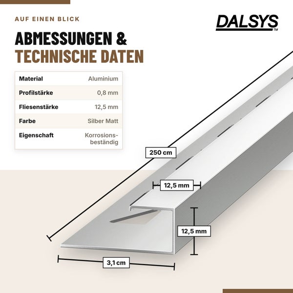 Dalsys Fliesenprofil aus Aluminium mit Abmessungen und technischen Daten in der Übersicht