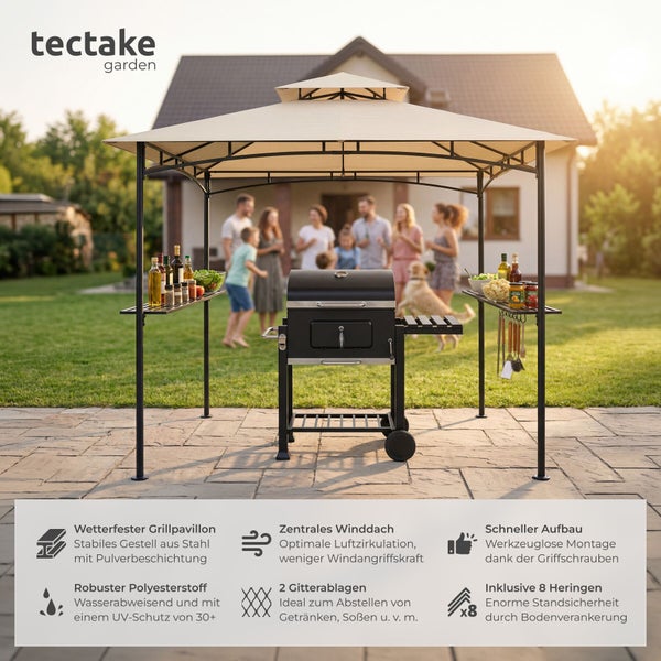 tectake garden Logo. Wetterfester Grillpavillon aus pulverbeschichtetem Stahl mit Doppeldach aus Polyester und Gitterablagen in einem Garten.
