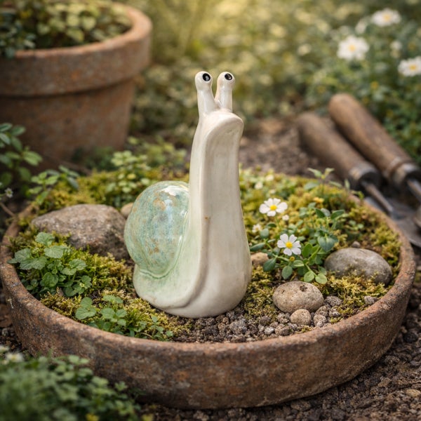 Dekorative Schneckenfigur aus Keramik in einer Pflanzschale mit Moos und Steinen im Garten.