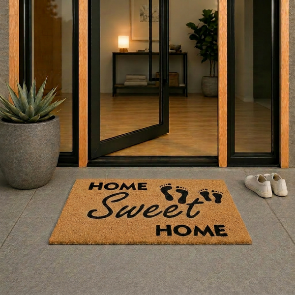 Kokos-Fußmatte mit Aufdruck Home Sweet Home und Fußabdrücken vor einer gläsernen Eingangstür.