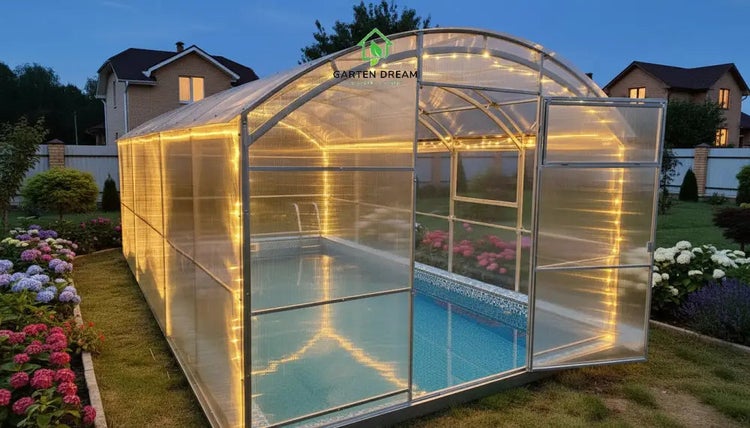 Außenaufnahme eines Garten-Dream-Pool-Überdachung mit Beleuchtung und geöffneter Tür. Im Pool befindet sich Wasser. Im Hintergrund sind Wohnhäuser zu sehen. Im Vordergrund sind blühende Pflanzen zu sehen. Das Garten-Dream-Logo befindet sich oben mittig auf der Pool-Überdachung.