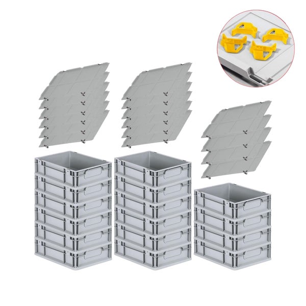 PROREGAL Spar Set 16x Eurobox Nextgen Economy Mit Auflagedeckel & 4x Schiebeschnappverschlüsse Gelb Griffe Geschlossen HxBxT 12 x 30 x 40 cm 11 Liter