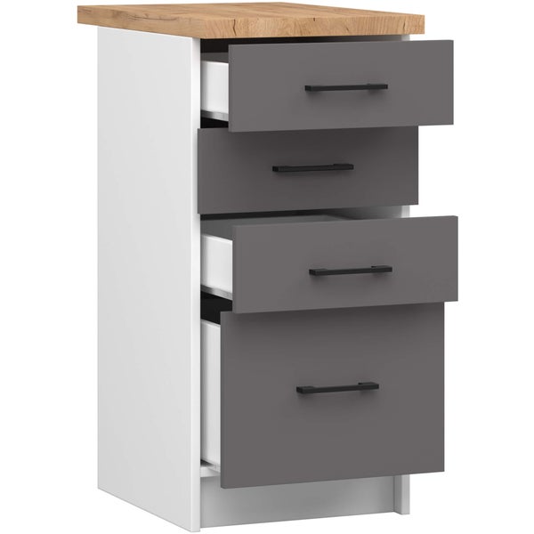 Kommode mit vier Schubladen in Grau und Weiß mit Holzplatte