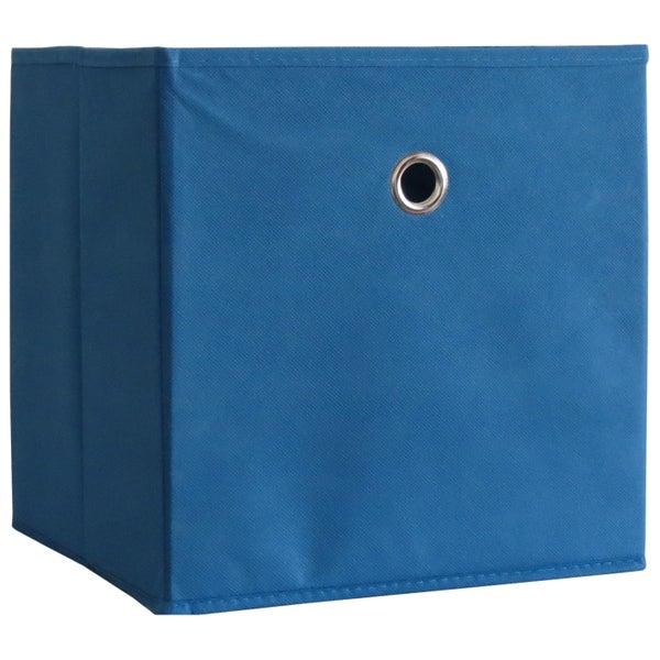 Blaue Faltbox aus Stoff mit Metallöse für Regale.