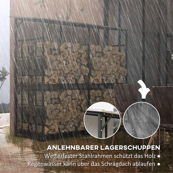 Brennholzregal aus Metall mit Brennholz, Feuerstelle und Sitzgelegenheit auf einer Terrasse