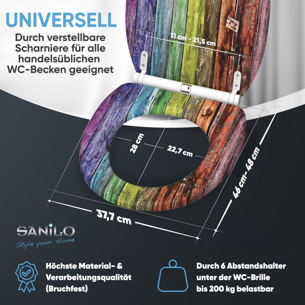 SANILO Universal WC-Sitz mit buntem Holz-Dekor, verstellbaren Scharnieren. Breite 37,7 Zentimeter. Belastbar bis 200 Kilogramm. SANILO Logo.