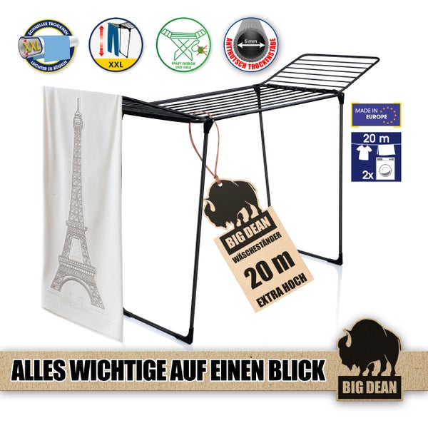 Big Dean Wäscheständer mit 20 Meter Trockenlänge und einem Handtuch mit Eiffelturm-Motiv