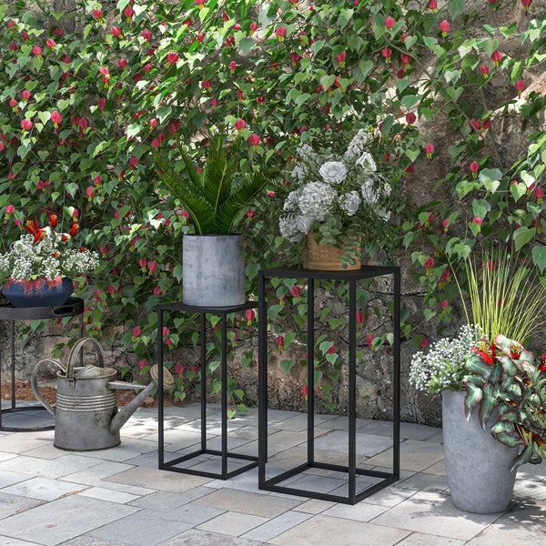 Outsunny 2er-Set Pflanzenständer, Blumenständer mit skandinavischem Design, 31L x 31B x 65H cm, Stahl, Schwarz