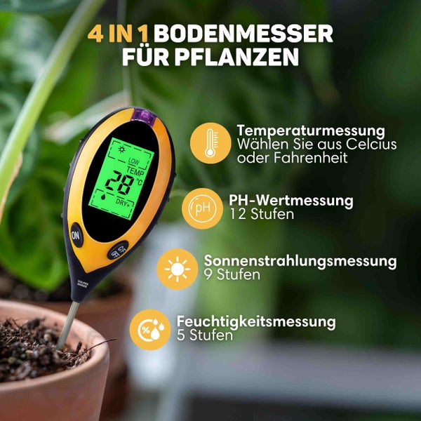 Vulpes Goods Bodenfeuchtigkeitsmessgerät - Für Pflanzen - Thermo- und Feuchtigkeitsmesser - Innen und Außen - pH Licht