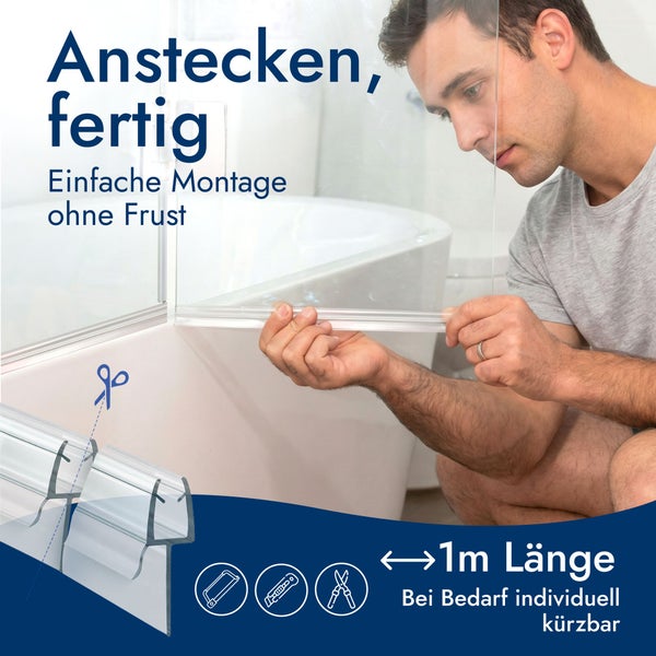 Montage einer transparenten Duschdichtung an einer Glaswand durch einen Mann. Die Dichtung ist 1 Meter lang und kann individuell gekürzt werden.