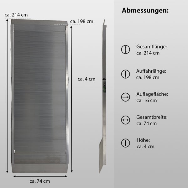 TRUTZHOLM 1 x Breitrampe 214 x 74 cm Traglast 600 kg Alu grau geriffelt Auffahrrampe Eventrampe Laderampe