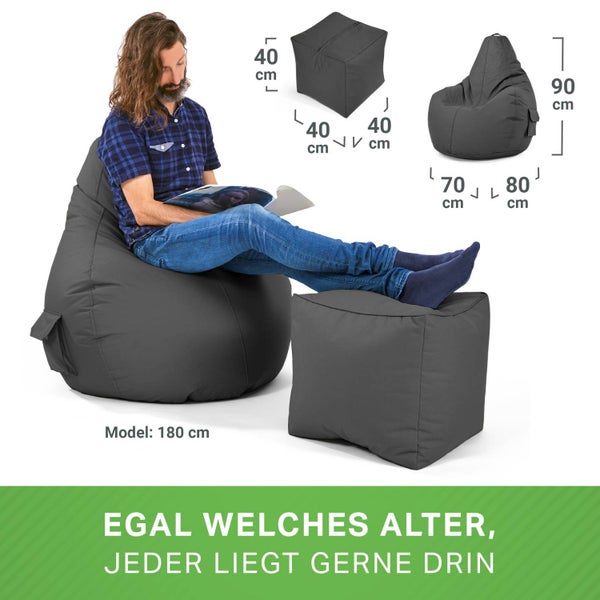 Green Bean 2er Set Sitzsack + Hocker - fertig befüllt - robust waschbar schmutzabweisend - Kinder & Erwachsene Bean Bag Bodenkissen Lounge Sitzhocker Relax-Sessel Gamer Gamingstuhl Pouf - Anthrazit