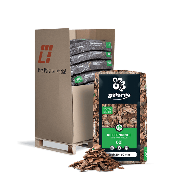 Galamio Kiefernrinde grob 20 bis 60 Millimeter im 60 Liter Sack als Palettenware.
