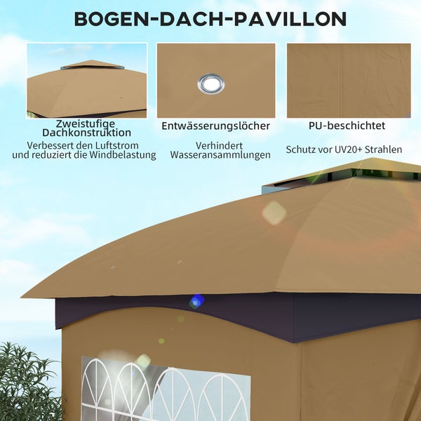 Outsunny Pavillon ca. 3,4x3,4 m wasserabweisend Gartenpavillon mit 4 Seitenteilen, Doppeldach, Partyzelt mit UV-Schutz Gartenzelt mit verzinktem Metallrahmen, für Garten Beige