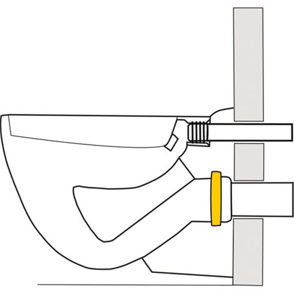 Schematische Zeichnung einer Wand-WC-Installation mit Darstellung der Anschlussrohre und Dichtung.