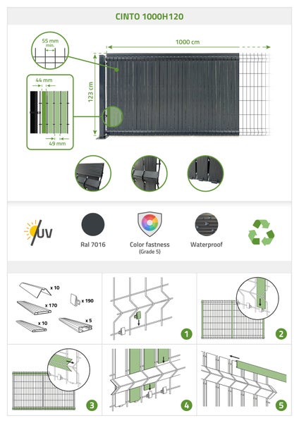 Cinto 1000H120 Zaunblende mit Maßen, RAL 7016, UV-beständig, farbecht, wasserfest und Montageanleitung