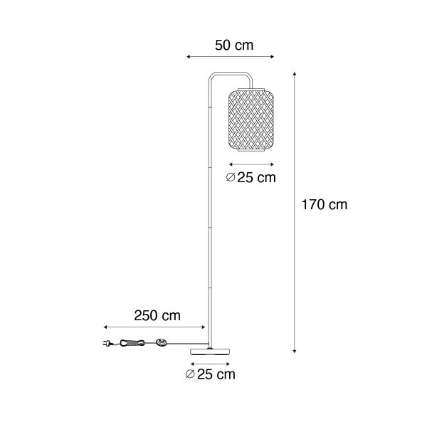 Abmessungen Stehleuchte: Höhe 170 Zentimeter, Breite 50 Zentimeter, Durchmesser 25 Zentimeter, Kabellänge 250 Zentimeter.