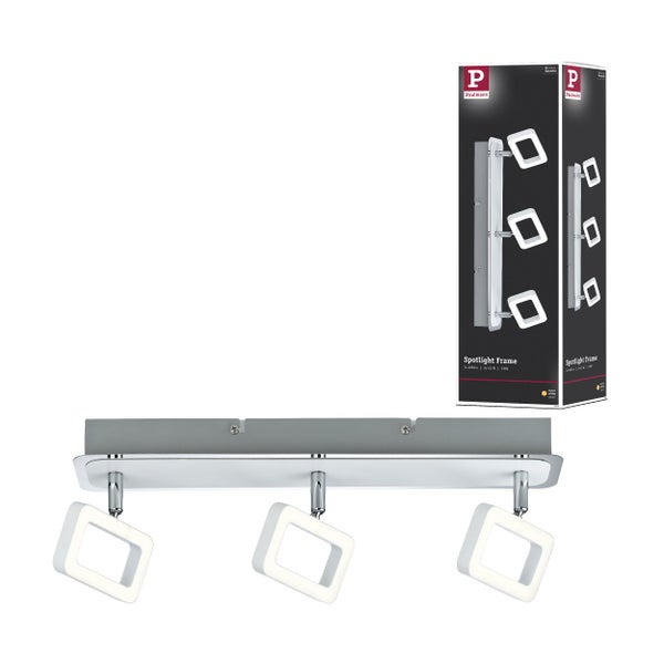 Paulmann Spotlight Frame dreiflammiger LED-Deckenstrahler in Chrom und Weiß mit quadratischen Rahmenleuchten und Produktverpackung mit Paulmann Logo.
