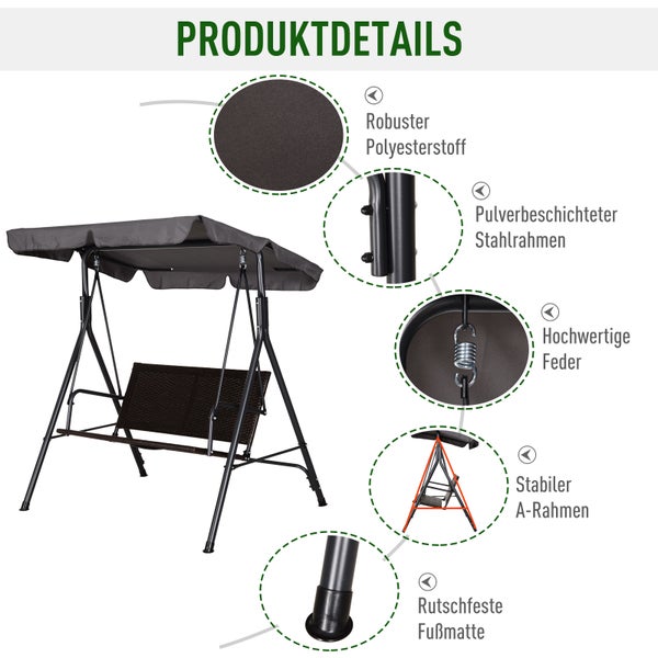 Outsunny Hollywoodschaukel, 2-Sitzer, Verstellbar, Sonnendach, Stahlrahmen,  140 x 110 x 151 cm, Rattan, Schwarz+Braun+Grau
