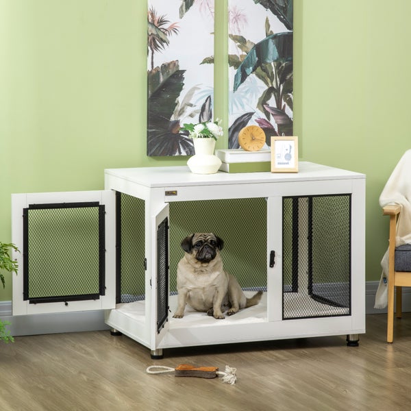 PawHut Hundekäfig für Zuhause, Hundebox mit 2 Türen, Waschbaren Kissen, Hundehütte mit Verstellbare Füße, Riegel, für große Hunde bis 30 kg, Weiß, 94 x 60 x 71,5 cm