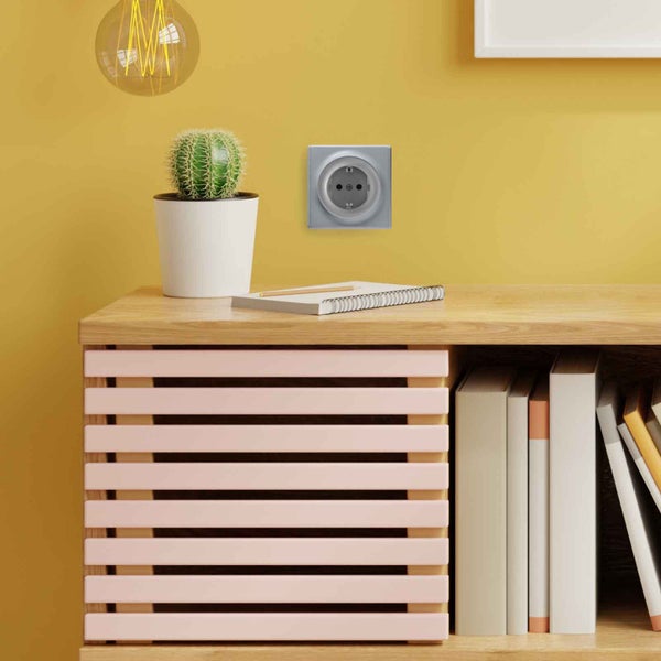 Eine Schuko Steckdose installiert an einer Wand über einem Holzregal mit einem Kaktus und Büchern im Wohnbereich.