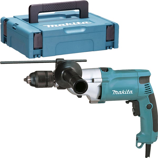 Makita Schlagbohrmaschine mit Seitengriff, Tiefenanschlag und blauem Transportkoffer.