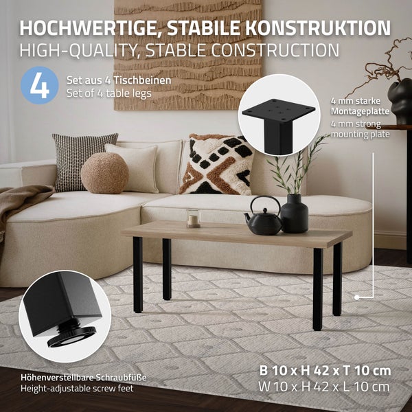 ML-Design 4er Set Tischbeine I-Design 42 cm, Schwarz glänzend, aus pulverbeschichtetem Stahl, eckig, Profil 4x4 cm, Höhenverstellbare Möbelfüße 1-4 cm, Möbelbeine für Couchtische, Bänke, TV-Möbel