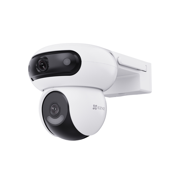 EZVIZ Dual-Lens Überwachungskamera mit Wandhalterung, fester oberer Linse und drehbarer unterer Dome-Linse.